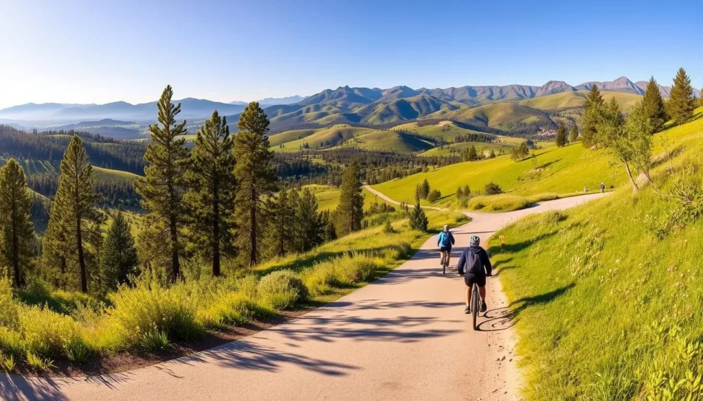 A panoramic view of the Billings Montana Trailhead on a clear, sunny day. The path winds through a verdant, rolling landscape, with majestic mountains rising in the distance. Towering pines and lush vegetation line the trail, casting dappled shadows on the well-maintained surface. Hikers and cyclists explore the scenic route, capturing the breathtaking vistas with their cameras. The warm, golden light bathes the scene, creating a serene and inviting atmosphere, perfect for outdoor adventure in Montana's natural wonderland.