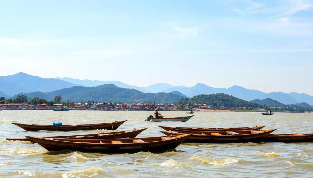 A panoramic view of the Lokoja Confluence, where the majestic Niger and Benue rivers meet in a stunning display of nature's power. The bright, sun-dappled water flows steadily, reflecting the lush, verdant hills that surround the area. In the foreground, traditional fishing boats dot the surface, their wooden hulls weathered by years of use. The middle ground features the bustling activity of the riverside town, with marketplaces and historic structures lining the banks. In the distance, the hazy blue outline of mountains creates a dramatic backdrop, conveying a sense of timelessness and tranquility. The warm, golden light and soft, wispy clouds lend an air of serenity to the scene, inviting the viewer to discover the rich cultural and natural heritage of this captivating Nigerian landmark.