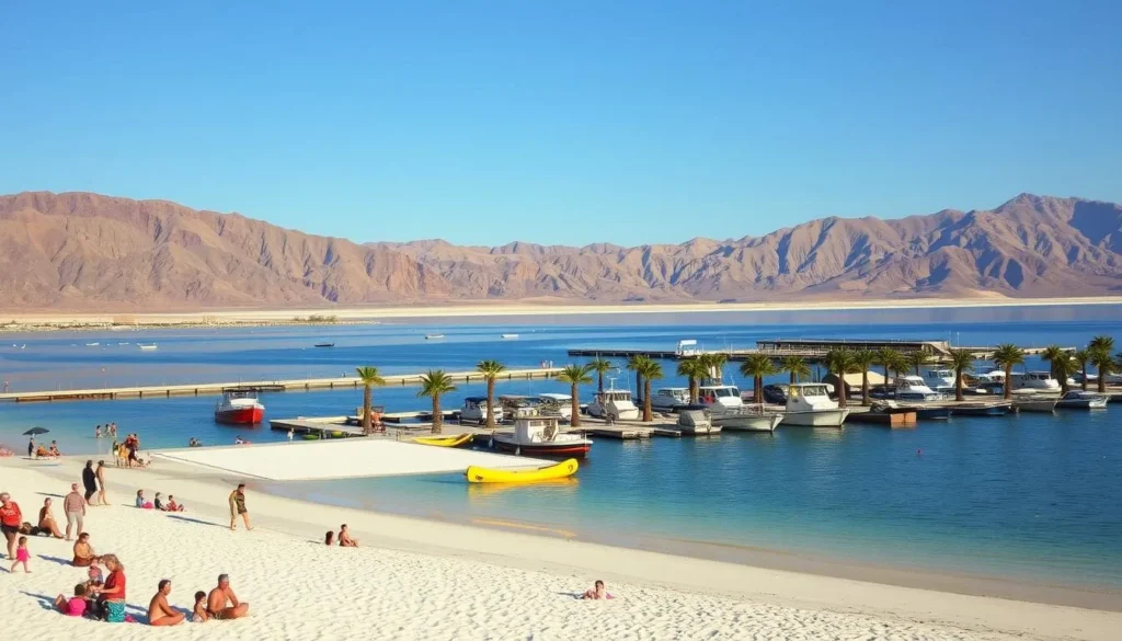 A panoramic view of the Salton Sea in its heyday, showcasing its vibrant history. In the foreground, a picturesque beach scene with families enjoying the crystal-clear waters and white sandy shores. In the middle ground, vintage boats and docks lined with palm trees, capturing the region's former glory as a thriving recreational destination. The background features the rugged mountains and desert landscapes that surround the sea, bathed in warm, golden light. The scene evokes a sense of nostalgia and wonder, inviting the viewer to explore the captivating history of this unique California landmark.