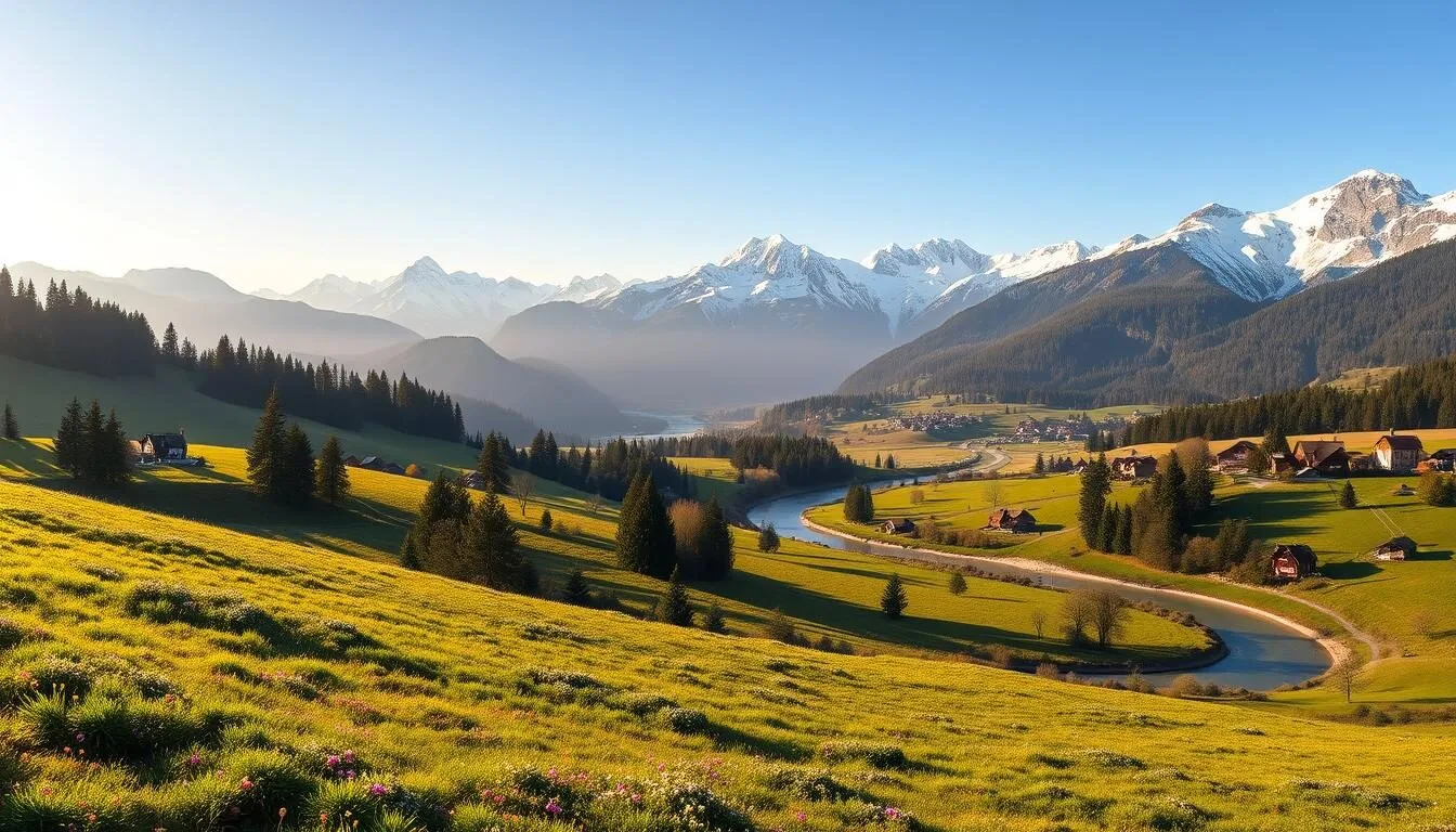 A panoramic view of the Zürcher Oberland Nature Park in Switzerland, showcasing its stunning natural beauty. A lush, verdant foreground of rolling hills and meadows, dotted with wildflowers and dotted with quaint farmhouses. In the middle ground, a winding river or stream flows gently, its banks lined with towering pine and deciduous trees. The background is dominated by majestic, snow-capped peaks of the Swiss Alps, their rugged majesty casting a serene, awe-inspiring presence. The scene is bathed in warm, golden sunlight, creating a picturesque and tranquil atmosphere. Capture the essence of this breathtaking landscape, where nature and serenity coexist in perfect harmony.