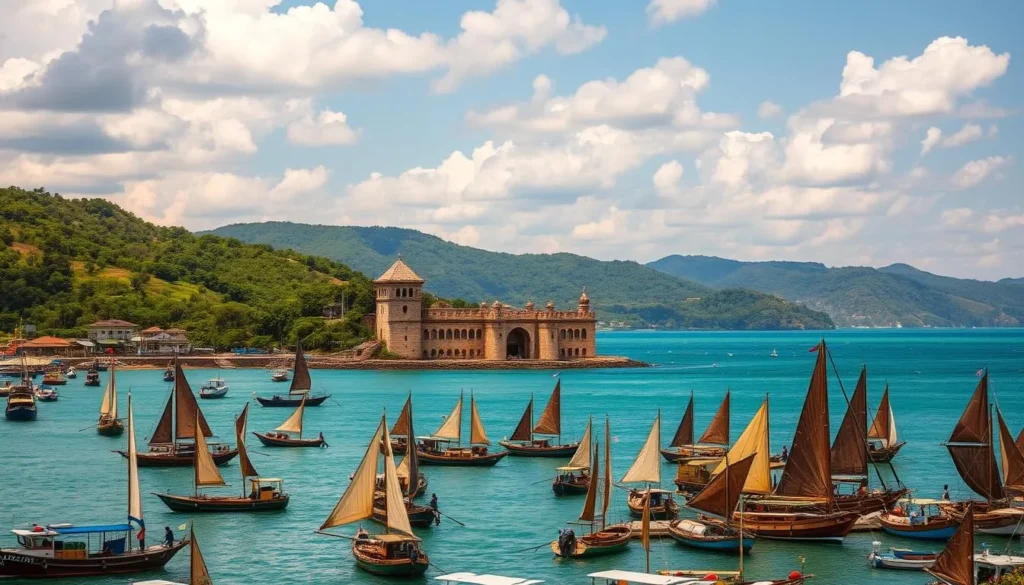 A panoramic view of the historic coastal city of Songkhla, Thailand. In the foreground, a bustling harbor filled with colorful traditional fishing boats, their sails billowing in the gentle breeze. In the middle ground, the majestic 18th-century Songkhla Fort stands proudly, its weathered stone walls and bastions overlooking the sparkling turquoise waters of the Gulf of Thailand. In the background, rolling hills draped in lush, verdant foliage provide a picturesque natural backdrop, while a clear, azure sky filled with fluffy white clouds completes the serene, timeless scene. Warm, golden sunlight bathes the entire landscape, creating a sense of tranquility and timelessness that reflects the rich cultural heritage of this historic city.
