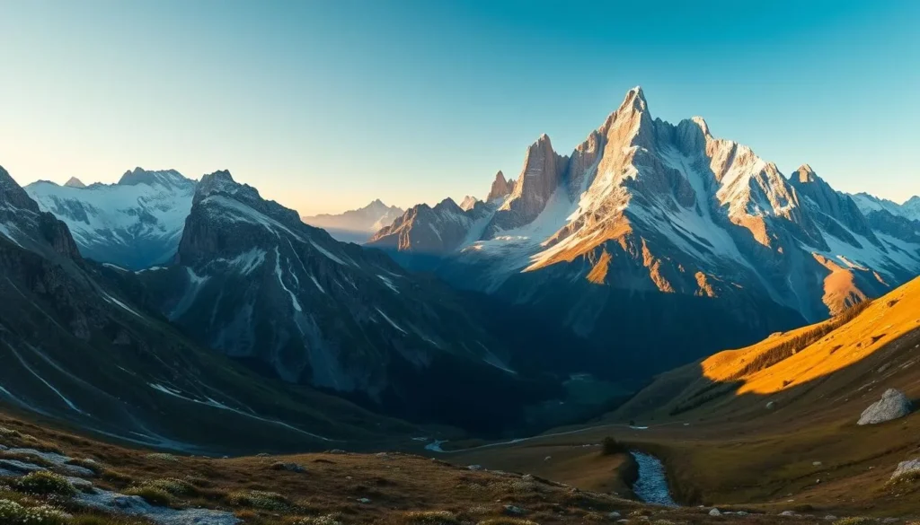 A panoramic view of the majestic Lyskamm peaks in the Swiss Alps, bathed in warm, golden sunlight. In the foreground, rugged, snow-capped ridges rise sharply, casting dramatic shadows across the mountainside. The middle ground features a tranquil alpine meadow, dotted with wildflowers and traversed by a winding stream. In the distance, the towering Lyskamm massif dominates the skyline, its jagged summits reaching up towards a clear, azure sky. The scene conveys a sense of grand, untamed natural beauty, with a crisp, cinematic quality achieved through a wide-angle lens and careful composition.