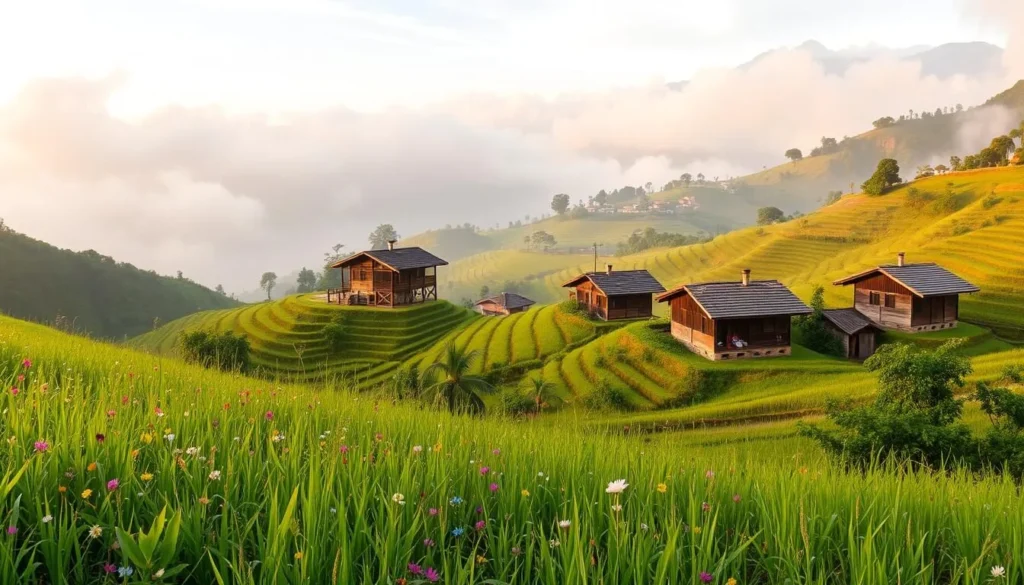 A panoramic view of the misty, rolling hills of Sapa, Vietnam. In the foreground, a lush green meadow dotted with vibrant wildflowers sways gently in a light breeze. The middle ground reveals traditional wooden stilt houses nestled among terraced rice paddies, their intricate roofs catching the warm, golden light of the afternoon sun. In the distance, the silhouettes of majestic, cloud-shrouded mountains rise up, creating a serene and picturesque backdrop. The atmosphere is one of tranquility and natural beauty, perfectly capturing the essence of the best time to visit Sapa.