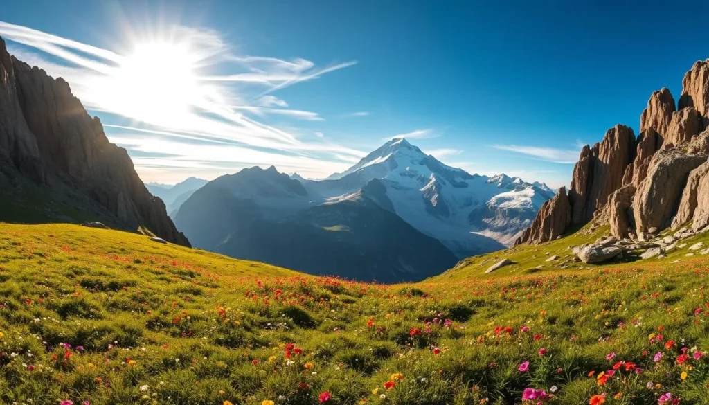 A panoramic vista of the majestic Dufourspitze, the highest peak of the Monte Rosa massif in the Swiss Alps. Sunlight filters through wispy clouds, casting a warm glow over the snow-capped summit and surrounding glaciers. In the foreground, a lush alpine meadow carpeted with vibrant wildflowers sways gently in a cool breeze. Towering rocky cliffs frame the scene, their jagged profiles etched against the brilliant azure sky. The overall atmosphere exudes a sense of tranquility and natural splendor, perfectly capturing the best time to experience the breathtaking beauty of this iconic Swiss landmark.