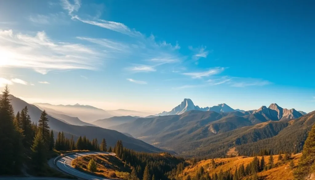 A panoramic vista of the rugged North Coast Ranges in northern California, with lush forested slopes and dramatic rocky ridges stretching out towards the horizon. In the foreground, a winding mountain road winds through a scenic valley, flanked by tall pines and ancient oaks. Warm sunlight filters through wispy clouds, casting a golden glow over the undulating landscape. In the distance, craggy granite peaks pierce the azure sky, their jagged silhouettes creating a striking contrast against the serene backdrop. The overall scene evokes a sense of tranquil adventure, inviting the viewer to explore the natural beauty and outdoor wonders of this remarkable region.
