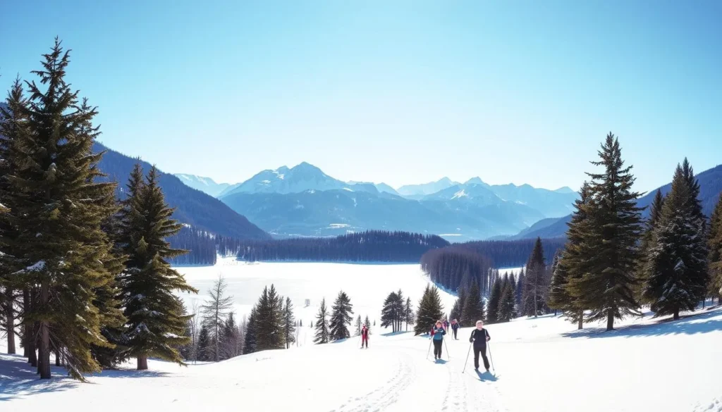 A panoramic winter landscape of Naturpark Diemtigtal, Switzerland. In the foreground, a group of cross-country skiers glide through a pristine, snow-covered valley, with towering pine trees lining the edges. The middle ground features a frozen lake, its surface reflecting the bright, diffused sunlight. In the background, majestic, snow-capped peaks pierce the clear, azure sky, creating a serene and picturesque scene. The overall atmosphere is one of tranquility and natural beauty, inviting the viewer to immerse themselves in the serene and peaceful winter wonderland of the Diemtigtal Nature Park.