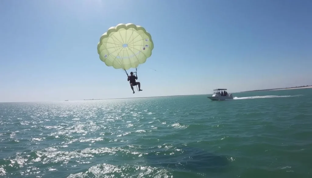 A parasailer soaring above the waters of Anna Maria Island, with a boat touring in the background