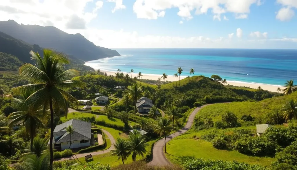 A peaceful coastal settlement nestled amidst verdant hills, with traditional Hawaiian architecture and winding paths leading to a pristine beach. Sunlight filters through swaying palm trees, casting a warm glow over the scene. In the distance, the azure waters of the Pacific Ocean stretch out to the horizon, inviting visitors to explore the natural beauty of this historic location. The Kalaupapa Peninsula, a sanctuary for those affected by Hansen's disease, is captured in a tranquil, contemplative moment, reflecting the resilience and serenity of this unique place.