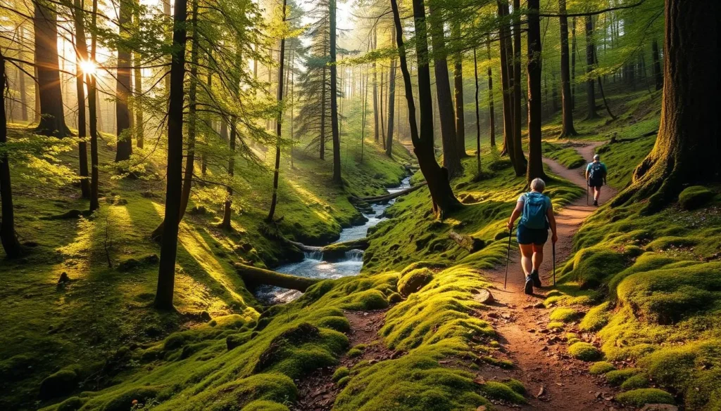 A peaceful hiking trail winds through a lush, verdant forest. Sunlight filters through the canopy of towering trees, casting warm, golden hues across the mossy ground. In the distance, a small stream gently flows, its soothing sounds inviting hikers to pause and take in the serene beauty of the natural landscape. Colorful wildflowers dot the forest floor, adding pops of vibrant color to the scene. Hikers traverse the well-maintained path, their steps crunching softly on the packed earth, as they immerse themselves in the tranquility of this idyllic wilderness. The overall atmosphere is one of calm, relaxation, and a deep connection with the great outdoors.