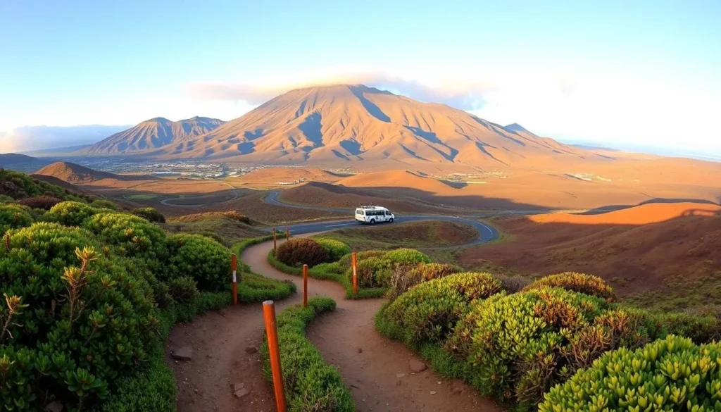 A peaceful panorama of Haleakalā National Park's transportation network. In the foreground, a well-maintained hiking trail winds through lush, vibrant vegetation. In the middle ground, a paved road snakes through the dramatic volcanic landscape, with a small tour bus transporting visitors. In the background, the majestic slopes of Haleakalā crater rise up, bathed in warm, golden sunlight. The scene conveys a sense of tranquility and easy accessibility, inviting exploration of this stunning natural wonder. Capture this landscape with a wide-angle lens, emphasizing the harmonious balance between the natural environment and the thoughtfully designed infrastructure.
