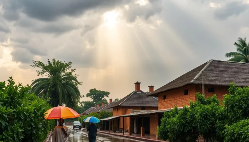 A peaceful rainy day in Sokoto, Nigeria during the wet season. Lush green foliage lines the streets, as locals stroll under the gentle patter of rain on vibrant umbrellas. In the middle ground, traditional mud-brick buildings with thatched roofs stand tall, reflecting the region's rich cultural heritage. The background features a dramatic cloudy sky, with shafts of warm sunlight peeking through, casting a soft, diffused glow over the entire scene. The overall mood is one of tranquility and inviting serenity, capturing the best time to visit this captivating city.