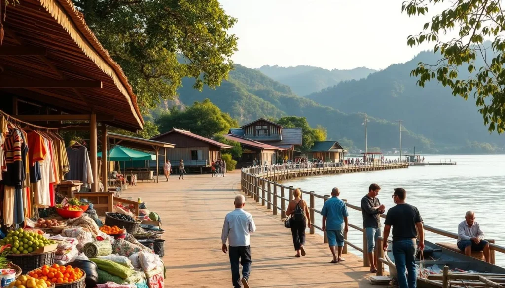 A peaceful riverside town in Ratanakiri province, Cambodia. In the foreground, a local market bustles with vendors selling fresh produce, colorful textiles, and handmade crafts. In the middle ground, tourists stroll along the promenade, admiring the traditional wooden stilt houses and the serene Sesan River. In the background, lush, verdant hills rise up, creating a tranquil and picturesque backdrop. The scene is bathed in warm, golden light, conveying a sense of relaxation and discovery. A perfect blend of local culture and natural beauty, inviting travelers to immerse themselves in the charms of Banlung.