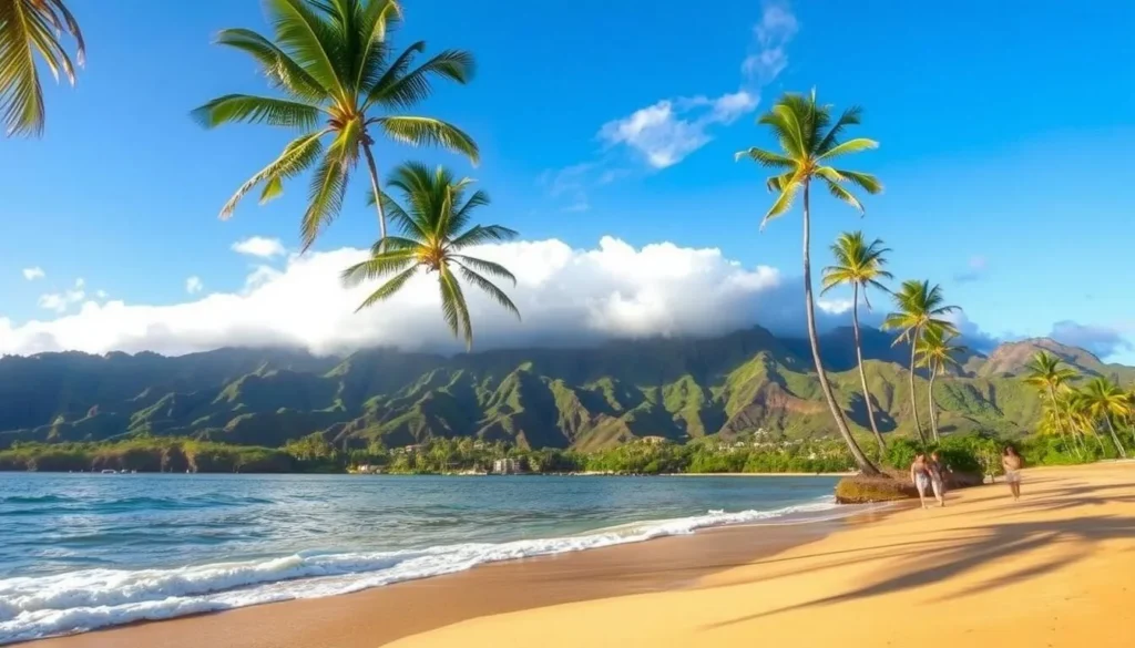 A peaceful scene at Hanalei Bay, Kauai, with gentle waves lapping the golden sand beach. Lush, verdant mountains rise in the background, their peaks shrouded in wispy clouds. Tall coconut palms sway in the warm tropical breeze, casting delicate shadows on the tranquil waters. Sunlight filters through the trees, creating a warm, inviting atmosphere. In the foreground, people stroll along the shore, taking in the breathtaking natural beauty. The scene is captured with a wide-angle lens, highlighting the expansive bay and dramatic landscape. An idyllic, serene setting that embodies the essence of Hanalei Bay and the spirit of Kauai.