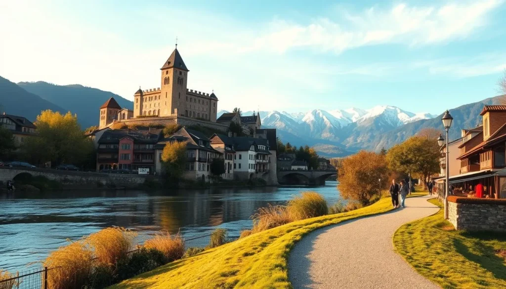 A peaceful stroll along the picturesque Rhône River in Sion, Switzerland. The tranquil waterway flows gently through the heart of the charming town, its banks lined with lush greenery and quaint stone buildings bathed in warm, golden sunlight. In the foreground, a winding gravel path invites pedestrians to leisurely wander, while in the middle ground, the majestic Tourbillon Castle stands proudly atop a nearby hill, overlooking the serene scene. In the distance, the snow-capped peaks of the Swiss Alps rise majestically, creating a breathtaking backdrop. The overall atmosphere is one of calm and serenity, perfect for a leisurely stroll along the Rhône River.