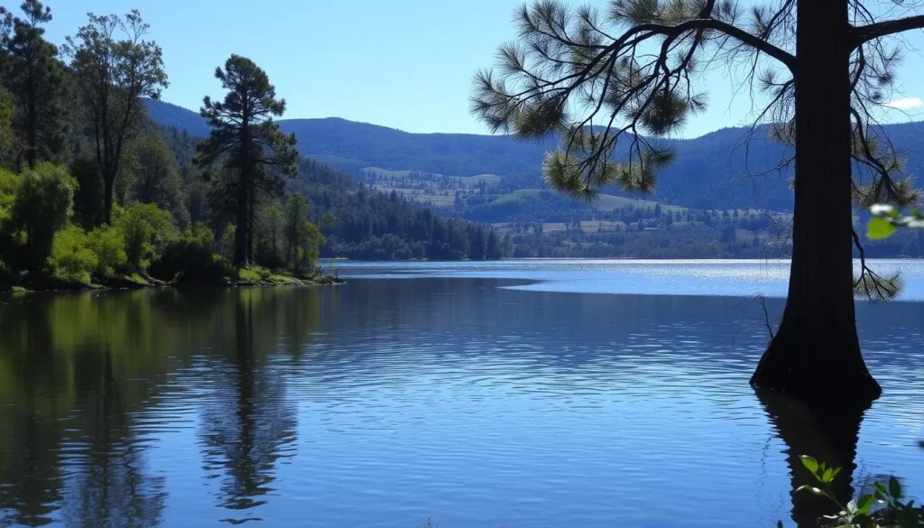 A peaceful, sun-dappled scene of the Lower Crystal Springs Reservoir nestled amidst lush, rolling hills. In the foreground, the calm, glassy surface reflects the surrounding verdant landscape and clear blue sky. Towering eucalyptus trees line the shore, their slender trunks and delicate foliage casting gentle shadows across the water. In the middle distance, the reservoir stretches out, its tranquil expanse punctuated by the occasional glistening ripple. Distant hills rise up, their slopes blanketed in a patchwork of green meadows and dense woodlands. The overall mood is one of serene tranquility, inviting the viewer to pause and immerse themselves in the natural beauty of this hidden gem.
