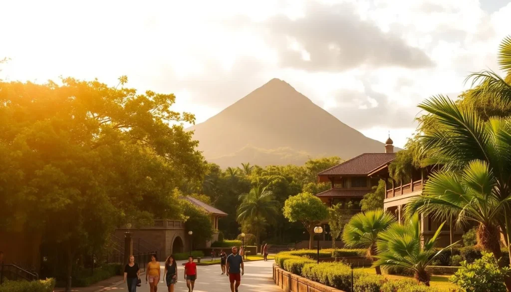 A peaceful, sun-dappled scene of the historic Honolulu Zoo in Oahu, Hawaii. In the foreground, visitors stroll past lush tropical foliage and well-tended animal enclosures. The middle ground showcases the zoo's iconic architecture, a blend of traditional Hawaiian and colonial styles. In the background, the iconic Diamond Head crater rises, its slopes verdant and serene. Warm, diffused lighting casts a golden glow over the entire scene, capturing the tranquil ambiance of this beloved local attraction. The composition is balanced, with equal emphasis on the zoo's built and natural environments, reflecting its evolution over the decades.