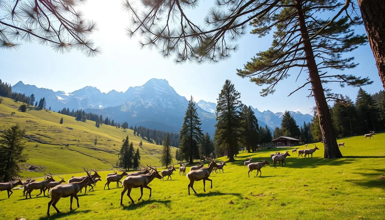 A peaceful wildlife sanctuary nestled in the Swiss Alps, with lush green meadows and towering snow-capped peaks in the background. In the foreground, a herd of grazing chamois and ibex roam freely, their nimble movements captured in sharp detail by a wide-angle lens. Sunlight filters through the branches of towering pine trees, casting a warm, golden glow over the scene. The atmosphere is one of tranquility and harmony, inviting the viewer to immerse themselves in the natural beauty of this idyllic alpine refuge.