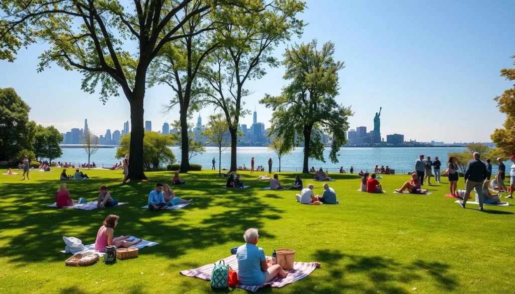 A picnic scene in Liberty State Park on a warm sunny day. A large green lawn in the foreground, dotted with picnic blankets and baskets. Families and friends relaxing, enjoying their food and drinks. In the middle ground, tall trees provide dappled shade. The iconic New York City skyline, including the Statue of Liberty, is visible in the distance across the calm waters of the Hudson River. Soft, natural lighting illuminates the scene, creating a peaceful, idyllic atmosphere. A wide-angle lens captures the expansive open space and the magnificent urban backdrop beyond.