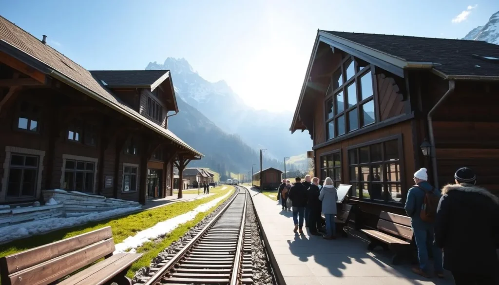 A picturesque Alpine train station nestled amidst snow-capped peaks and lush meadows. The historic Grindelwald station, with its charming timber-framed architecture, stands as a gateway to the enchanting village. Sunlight filters through the large windows, casting a warm glow on the polished wooden benches and platform. Passengers await their trains, taking in the breathtaking panorama of the Eiger and surrounding Bernese Oberland mountains. The scene exudes a sense of tranquility and adventure, inviting visitors to embark on a journey through this stunning Swiss landscape.