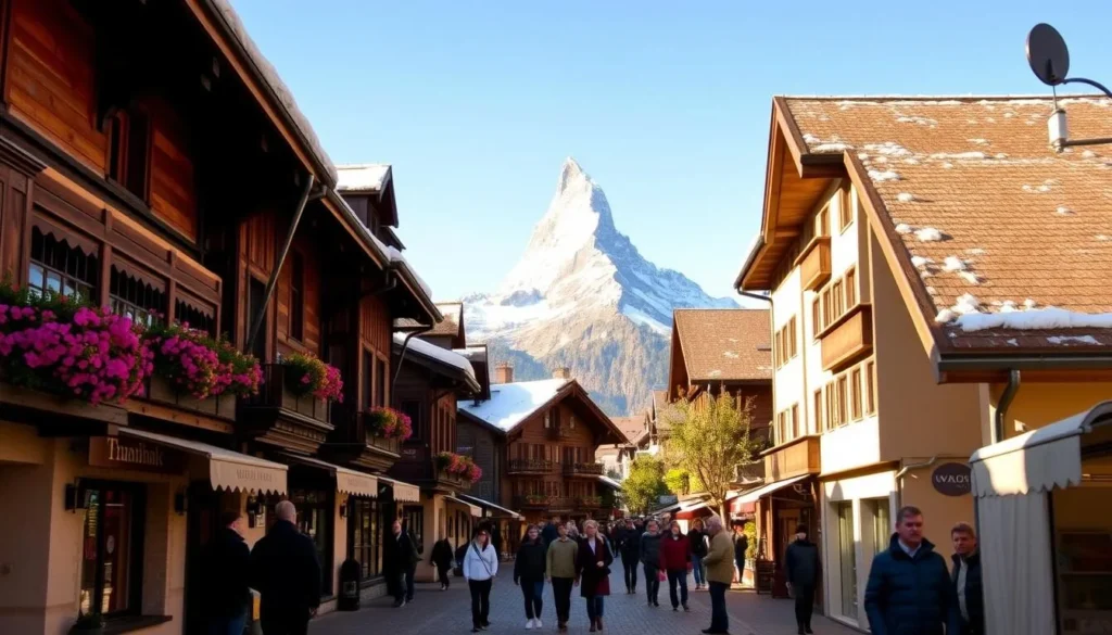 A picturesque Alpine village nestled in the heart of the Swiss Alps, Zermatt's charming architecture and stunning mountain backdrop create a breathtaking scene. Quaint chalets with wooden facades and snow-capped roofs line the cobblestone streets, their window boxes overflowing with vibrant flowers. In the foreground, locals and tourists stroll leisurely, taking in the serene atmosphere. The iconic Matterhorn looms majestically in the distance, its jagged peak piercing the clear blue sky. Warm, golden sunlight casts a gentle glow over the scene, accentuating the rustic details and natural beauty of this picturesque Alpine village.