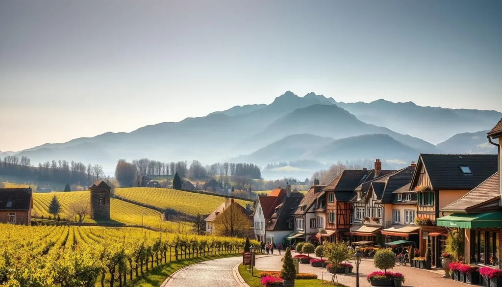 A picturesque Alsatian countryside on a pleasant spring day. Lush, rolling vineyards dotted with charming half-timbered villages bathed in warm, golden sunlight. Cobblestone streets lined with vibrant flower boxes and quaint cafes invite exploration. In the background, the imposing silhouette of the Vosges mountains rises majestically, their peaks dusted with a touch of snow. A serene, idyllic scene that captures the essence of Alsace's inviting climate and captivating natural beauty. Photographed with a wide-angle lens to emphasize the expansive, panoramic view.