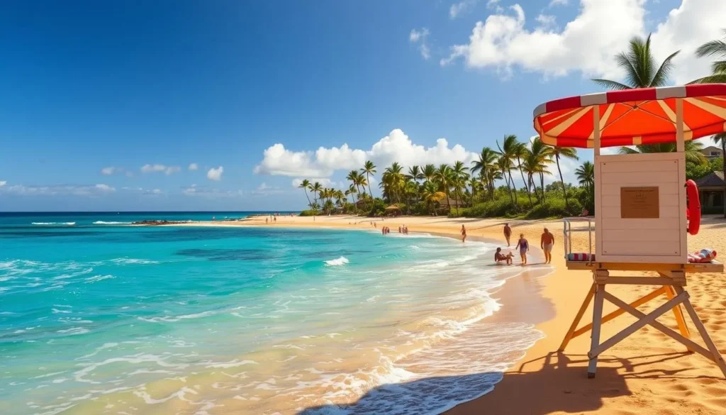 A picturesque Big Island beach scene with warm sunlight, azure waters, and gentle waves lapping at the golden sand. In the foreground, a lifeguard stand overlooks the tranquil cove, its red and white striped canopy casting a welcoming shadow. Beachgoers stroll along the shoreline, some resting on colorful towels, others wading in the shallow surf. In the distance, lush green palm trees sway in the light breeze, framing the serene landscape. Vibrant red and yellow lifesaving equipment stands ready, a subtle reminder of the importance of beach safety on this tropical paradise.