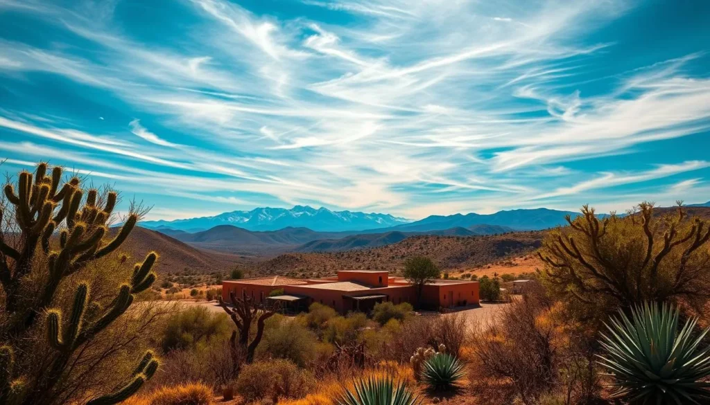 A picturesque Chihuahuan landscape under a vibrant azure sky, with wispy cirrus clouds drifting overhead. In the foreground, a lush, sun-dappled desert garden showcases the region's hardy, drought-tolerant flora - cacti, agave, and other succulents sway gently in a warm breeze. In the middle ground, a traditional adobe hacienda nestles between rolling hills, its ochre walls reflecting the golden light of the late afternoon. Distant mountains, their peaks capped with snow, rise up majestically on the horizon, creating a stunning backdrop to this serene, quintessentially Chihuahuan scene.