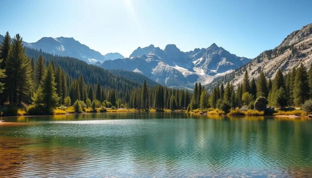 A picturesque Eastern Sierra landscape on a sunny day, with the majestic peaks of the Sierra Nevada mountains towering in the background. In the foreground, a pristine alpine lake reflects the surrounding peaks and forests, its clear waters sparkling in the sunlight. Lush green pines and aspens line the shoreline, creating a serene and peaceful atmosphere. Soft, diffused lighting illuminates the scene, casting warm hues over the entire landscape. The image is captured with a wide-angle lens, showcasing the grandeur and beauty of this hidden gem in Mono County, California.