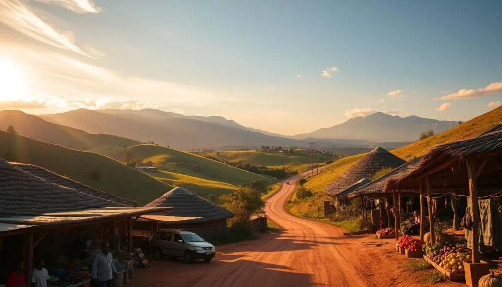 A picturesque Eswatini landscape unfolds, showcasing vibrant green hills dotted with traditional rondavel huts. In the foreground, a local market bustles with activity, vendors offering an array of handcrafted goods and fresh produce. The mid-ground reveals a winding dirt road, hinting at the country's rugged yet inviting terrain. Warm, golden sunlight filters through wispy clouds, casting a serene glow over the scene. In the distance, majestic mountains rise, creating a stunning backdrop. This idyllic setting captures the essence of Eswatini, offering a glimpse into the practical budgeting tips visitors can expect to encounter during their travels.
