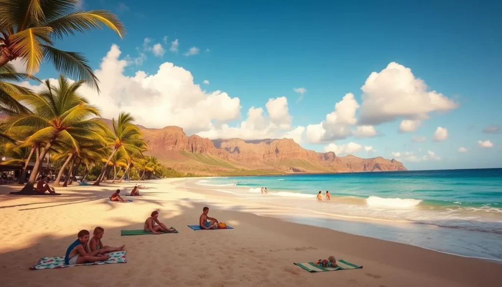 A picturesque Lanai beach with crystal-clear turquoise waters and soft, golden sand. In the foreground, families are relaxing on beach towels, building sandcastles, and playing in the gentle surf. The middle ground features swaying palm trees casting dappled shadows across the scene. In the background, rugged cliffs rise up, their jagged silhouettes contrasted against a brilliant blue sky dotted with fluffy white clouds. The warm, natural lighting creates a serene, tranquil atmosphere, inviting visitors to bask in the beauty of this idyllic Hawaiian paradise.