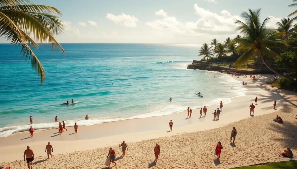 A picturesque Laniakea Beach on the Hawaiian island of Oahu, with crystal-clear turquoise waters and a pristine sandy shore. In the foreground, people are strolling, swimming, and sunbathing, enjoying the warm tropical sun. In the middle ground, surfers ride the gentle waves, their silhouettes captured against the horizon. The background is framed by lush, swaying palm trees, creating a serene, island paradise atmosphere. The lighting is soft and natural, casting a warm, golden glow over the entire scene. The camera angle is slightly elevated, offering a panoramic view of the bustling beach activities.