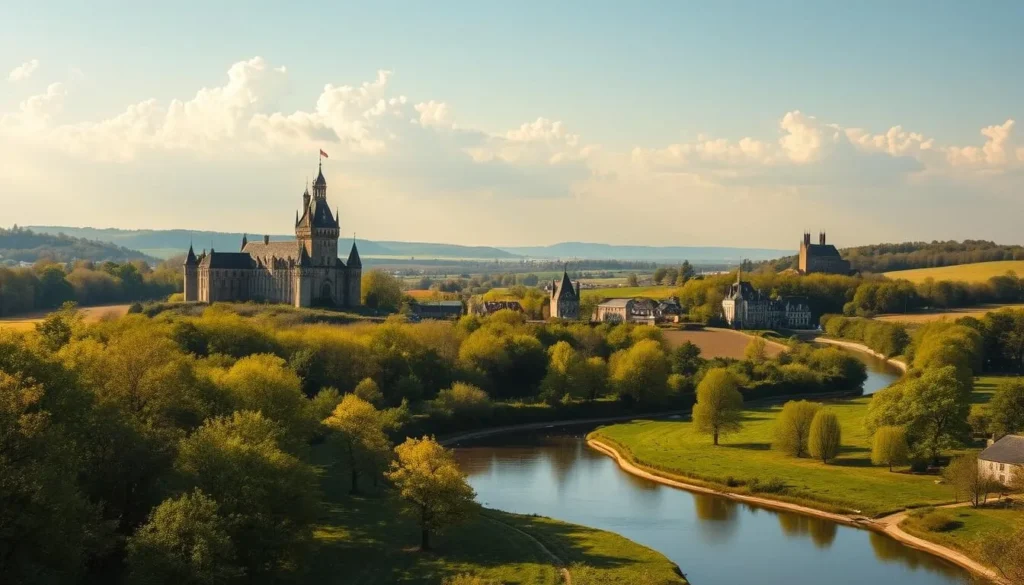 A picturesque Loire Valley landscape on a pleasant spring day. In the foreground, a winding river reflects the lush green trees and rolling hills. Towering medieval castles and chateaus dot the middle ground, their stately silhouettes casting long shadows. The background is a hazy blue sky with fluffy white clouds, creating a serene and tranquil atmosphere. The scene is bathed in warm, golden sunlight, highlighting the natural beauty and historic architecture of this renowned French region.