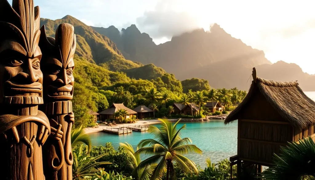 A picturesque Marquesan village nestled against a lush, verdant hillside. In the foreground, intricate wooden tiki statues stand guard, their weathered faces exuding a timeless, spiritual presence. Beyond, traditional thatched-roof huts dot the landscape, their woven walls and peaked roofs reflecting the region's rich cultural heritage. The midground features a serene, shimmering lagoon, its turquoise waters reflecting the surrounding palm trees and vibrant tropical foliage. In the background, rugged, mist-shrouded peaks rise, creating a dramatic, otherworldly backdrop. Warm, diffused sunlight bathes the scene, evoking a sense of tranquility and timelessness. The overall atmosphere is one of cultural immersion, inviting the viewer to step into the heart of Marquesan tradition.