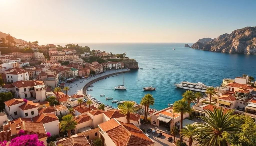 A picturesque Mediterranean coastal city nestled along a sweeping bay, bathed in warm golden light. Terracotta-roofed buildings cascade down the hillsides, their whitewashed facades accented by vibrant splashes of bougainvillea. Fishing boats bob gently in the azure waters, while palm trees sway in a gentle breeze. The promenade is lined with quaint cafes and bustling marketplaces, inviting visitors to explore the city's rich cultural heritage. In the distance, rugged cliffs and a sparkling horizon complete the serene, timeless scene.