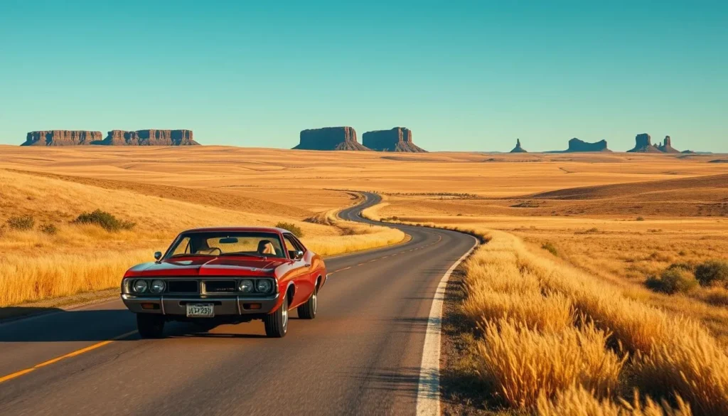 A picturesque North Dakota road trip scene under a clear blue sky, with a winding two-lane highway cutting through rolling hills and grasslands. In the foreground, a vintage muscle car cruises along, its chrome gleaming in the warm sunlight. Tall, golden wheat fields flank the road, swaying gently in the breeze. In the distance, the silhouettes of rugged buttes and mesas dot the horizon, casting long shadows across the serene landscape. The image has a cinematic quality, captured with a wide-angle lens to convey the vast, open expanse of the state's scenic roads.