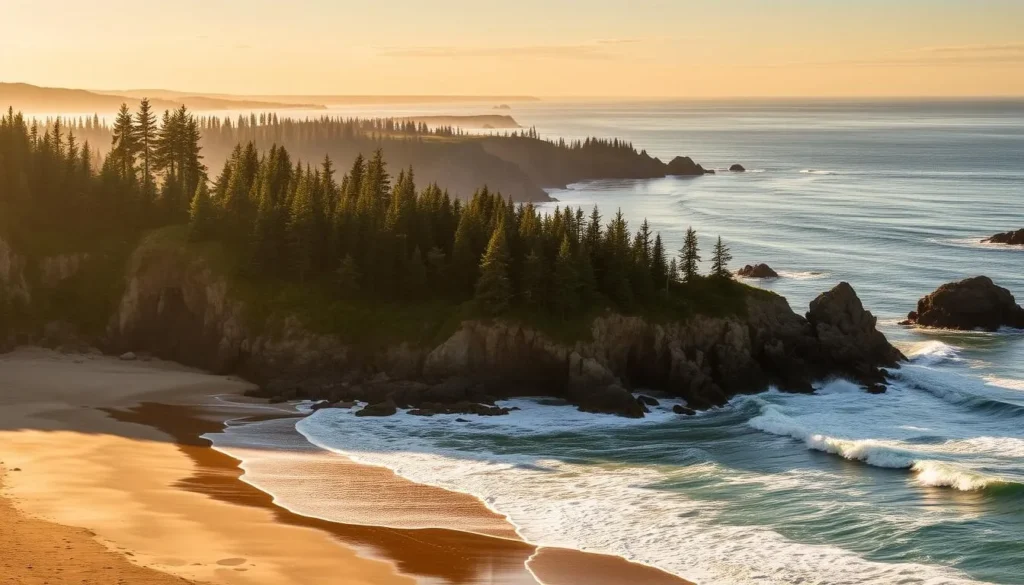 A picturesque Oregon coastline with rugged cliffs, crashing waves, and a sandy beach in the foreground. The sun casts a warm glow across the scene, illuminating the natural beauty of the landscape. In the middle ground, a lush forest of evergreen trees frames the view, creating a sense of depth and tranquility. In the distance, the horizon is dotted with offshore rocks and islands, adding to the serene and dramatic atmosphere. The overall scene captures the essence of Brookings, Oregon's stunning southern coastal gem.
