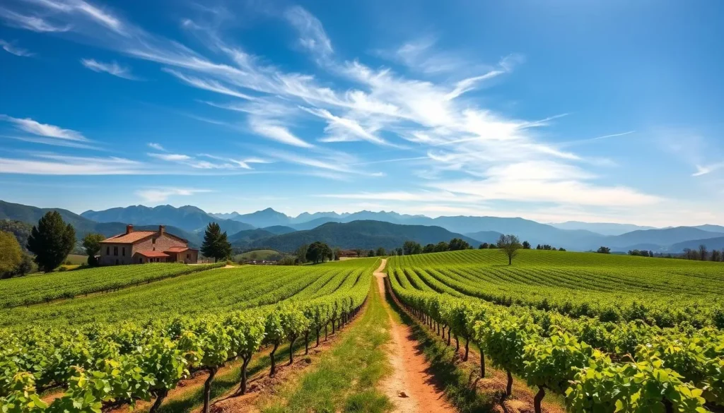 A picturesque Rhône Valley vineyard landscape on a sunny day. Rows of lush, verdant grapevines cascade down gentle rolling hills, framed by the distant silhouettes of the rugged French Alps. Sunlight filters through wispy clouds, casting a warm, golden glow over the scene. In the foreground, a rustic stone farmhouse and winery stand amidst carefully tended rows of vines, hinting at the unique winemaking traditions of the region. The middle ground features a winding dirt path leading visitors through the idyllic vineyard, inviting them to explore and discover the essence of this renowned winemaking terroir. The background showcases the majestic mountains, their peaks reaching towards the heavens, creating a breathtaking panoramic vista.