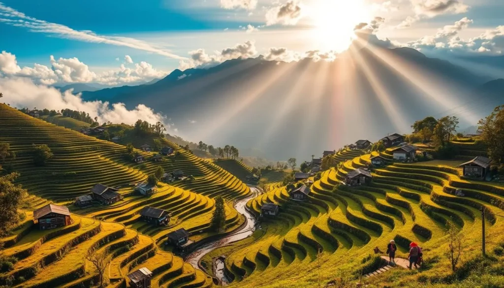 A picturesque Sapa village nestled amidst the majestic peaks of Vietnam's northern highlands. Vibrant rice terraces cascade down verdant hillsides, dotted with traditional stilt houses and winding streams. Villagers dressed in colorful ethnic attire go about their daily lives, tending to their crops and livestock. Rays of warm sunlight filter through wispy clouds, casting a serene glow over the scene. In the distance, towering mountains shrouded in mist rise up, creating a breathtaking natural backdrop. Capture the tranquil essence of this mountain paradise, where time seems to stand still and the harmony between people and nature is palpable.