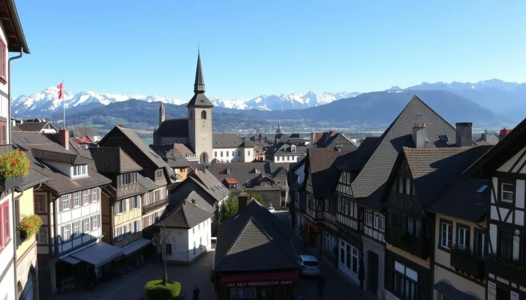 A picturesque Swiss town nestled in the foothills of the Alps, Thun on a sunny day features a charming medieval old town centered around its iconic 12th-century castle. In the foreground, narrow cobblestone streets are lined with colorful half-timbered buildings and quaint shops. The middle ground showcases the town's historic center, with the castle's towers and spires rising above the rooftops. In the background, snow-capped mountain peaks frame the scene, creating a breathtaking alpine panorama. Soft, diffused natural lighting illuminates the town, lending a warm, inviting atmosphere perfect for a leisurely day trip.