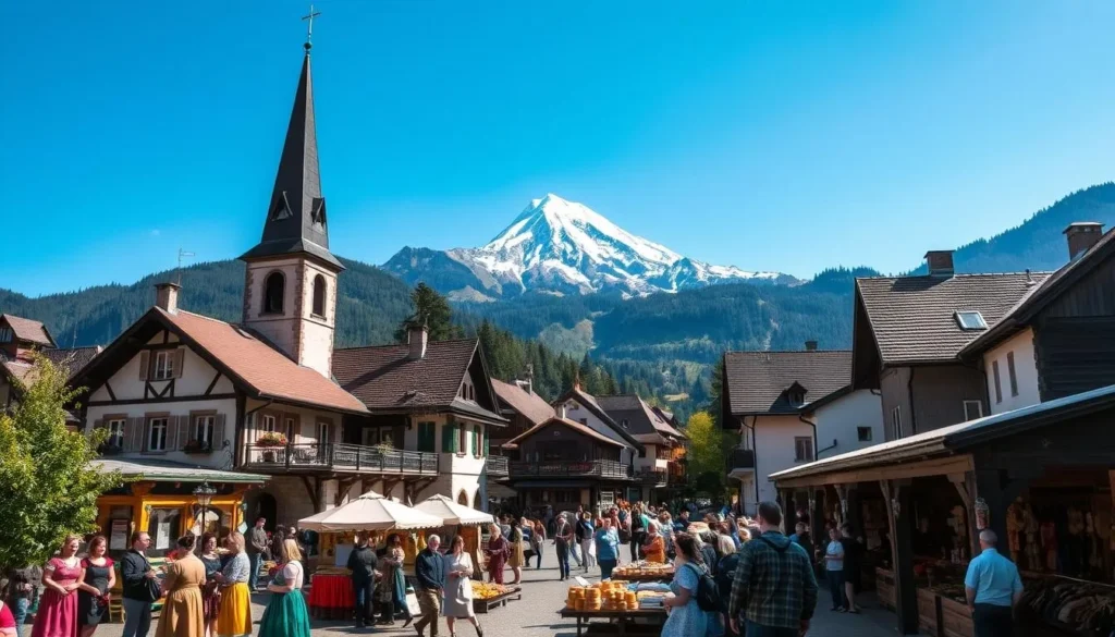 A picturesque Swiss village nestled in the rolling hills of Obwalden, the sunlight dappling the traditional wooden chalets and historic churches. In the foreground, locals in colorful national costumes gather around a lively outdoor market, their conversations and laughter echoing through the cobblestone streets. Wooden carvings, hand-woven textiles, and artisanal cheeses are displayed temptingly. In the middle ground, a towering alpine peak serves as a dramatic backdrop, its snow-capped summit glittering in the clear mountain air. The overall scene exudes a sense of timeless Alpine charm and cultural vibrancy.
