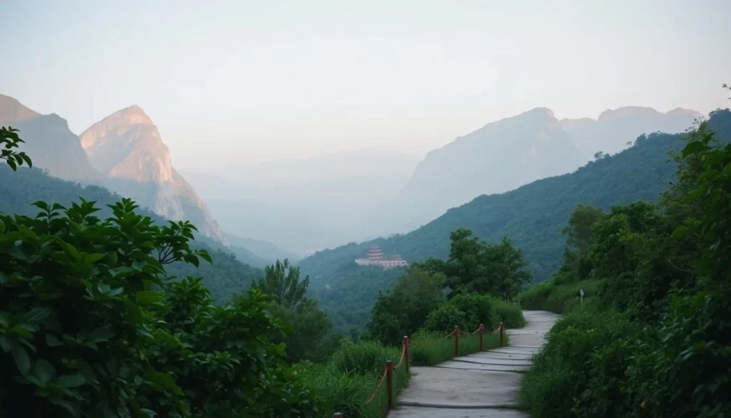 A picturesque Taichung itinerary unfolding in a serene landscape. In the foreground, a winding path leads through lush green foliage, inviting exploration. Towering mountains rise majestically in the middle ground, their peaks bathed in warm, golden light. In the distance, the silhouette of a historic temple nestled amidst the verdant hillsides, a tranquil haven. The scene is illuminated by a soft, diffused natural light, creating a sense of calm and tranquility. The overall atmosphere evokes a feeling of adventure, discovery, and harmony with nature.
