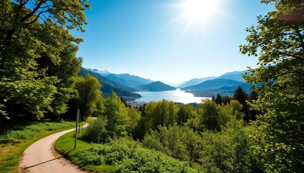 A picturesque Ticino landscape on a sunny day, showcasing the region's Mediterranean charm. In the foreground, a winding path meanders through a lush, verdant forest, with rays of warm sunlight filtering through the canopy. The middle ground features a serene lake, its tranquil waters reflecting the surrounding hills and mountains. In the background, majestic peaks rise, their snow-capped summits contrasting with the vibrant green foliage. The scene exudes a sense of tranquility and natural beauty, capturing the essence of Switzerland's Mediterranean gem.