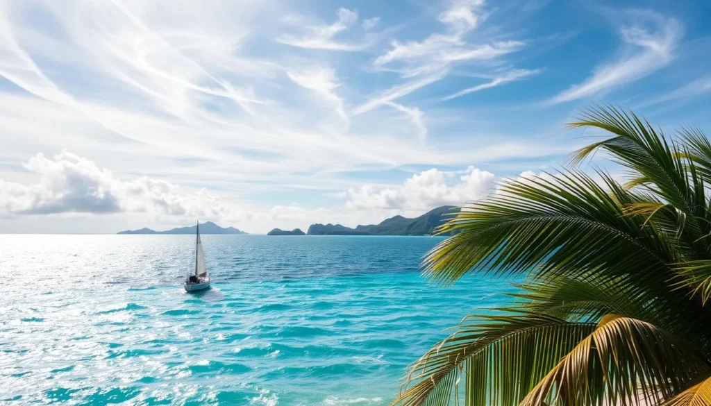 A picturesque Tokelau seascape with billowing winds gently ruffling the aquamarine waters. Wispy cirrus clouds drift across a sun-dappled sky, casting a soft, diffused light over the tranquil scene. In the foreground, palm fronds sway gracefully, their undulations mirroring the rhythmic rise and fall of the waves. The middle ground features a small fishing boat, its sails unfurled, gliding effortlessly across the glimmering surface. In the distance, the lush, verdant islands of the Tokelau archipelago stand tall, their silhouettes framed by the sweeping, ephemeral brushstrokes of the wind. An image that captures the serene yet dynamic nature of Tokelau's seasonal wind patterns.