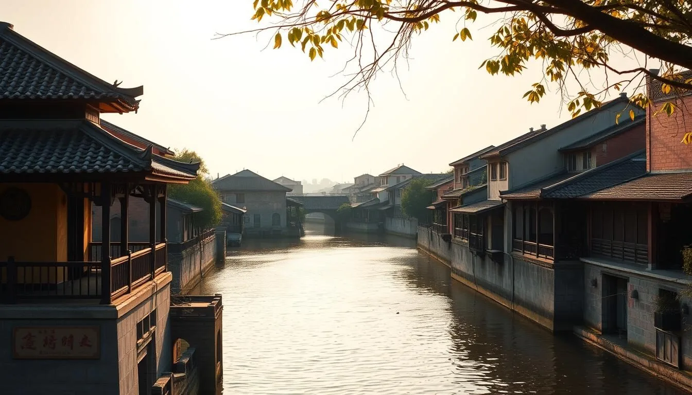 A picturesque UNESCO World Heritage Site in Hội An, Vietnam, bathed in warm, golden sunlight. In the foreground, a charming ancient building with intricate architectural details and a traditional tile roof. The middle ground features a tranquil river, its calm waters reflecting the surrounding structures. In the background, a cluster of historic structures, their vibrant colors and traditional designs creating a harmonious and authentic atmosphere. Capture the essence of Hội An's rich cultural heritage, with a lens that emphasizes the site's timeless beauty and the timeless elegance of its architecture.