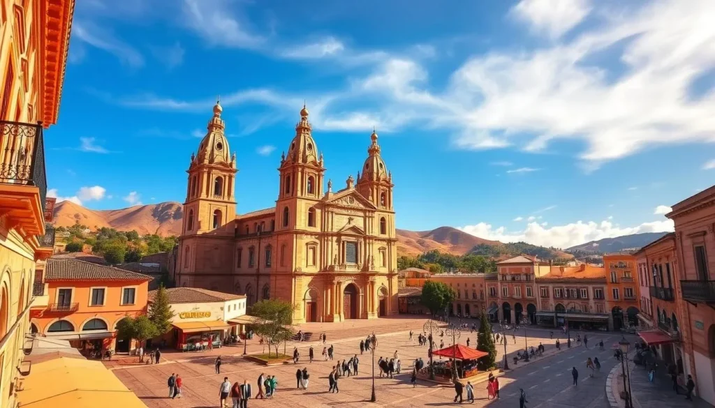 A picturesque UNESCO World Heritage city nestled in the heart of Mexico, Morelia's colonial center is a stunning showcase of pink quarry stone architecture. Capture the grandeur of the city's historic buildings bathed in warm, golden sunlight. Showcase the striking Cathedral of Morelia and its ornate façade, with its towering twin spires reaching skyward. In the foreground, depict a bustling town square, filled with locals and visitors strolling leisurely past charming cafes and shops. In the background, rolling hills and a cloudless azure sky create a serene, timeless ambiance, evoking the timeless beauty of this Mexican gem.