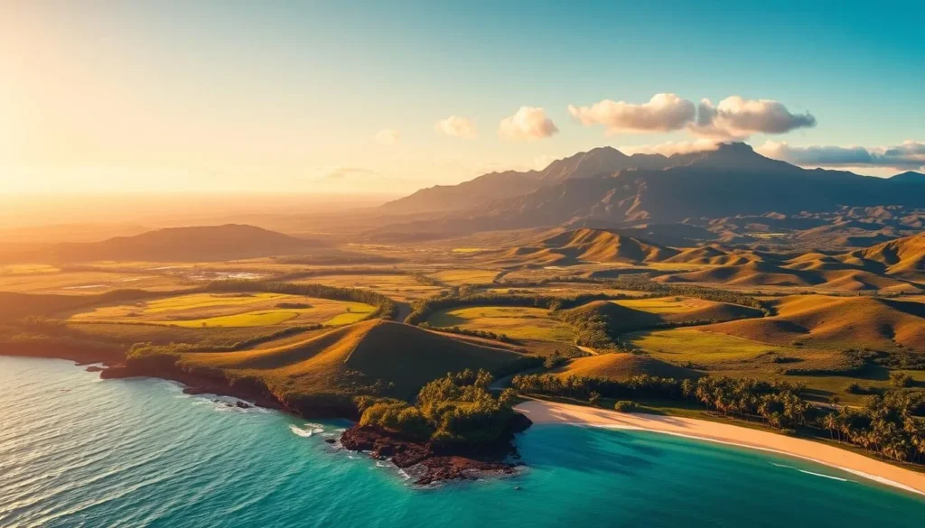 A picturesque aerial view of Maui Island, Hawaii, showcasing its lush, verdant landscapes and stunning coastlines. The scene is bathed in warm, golden sunlight, casting a serene and tranquil atmosphere. In the foreground, crystal-clear turquoise waters gently lap against the pristine white-sand beaches, fringed by swaying palm trees. The middle ground features rolling hills and verdant valleys, dotted with vibrant tropical foliage. In the background, the majestic volcanic peaks of Haleakala National Park rise majestically, their rugged silhouettes contrasting beautifully with the azure sky. The overall composition captures the essence of Maui's natural beauty and invites the viewer to explore its magical wonders.