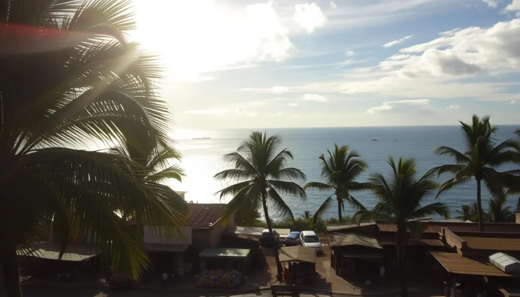 A picturesque afternoon in Pointe-Noire, Congo. Sunlight filters through wispy clouds, casting a warm glow over the bustling coastal city. In the foreground, palm trees sway gently, their fronds casting intricate shadows on the paved streets below. Midground reveals vibrant marketplaces, where local vendors sell an array of colorful wares. In the distance, the shimmering blue expanse of the Atlantic Ocean meets the horizon, dotted with fishing boats bobbing on the gentle waves. A serene and inviting atmosphere, perfect for exploring the city's charms on a pleasant day.