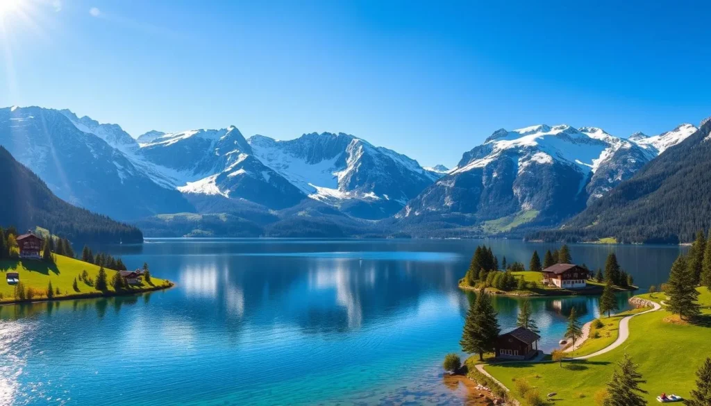 A picturesque alpine lake nestled amidst the majestic peaks of the Engadine Valley, Lake St. Moritz shimmers under the warm summer sun. Crystalline waters reflect the surrounding snow-capped mountains, their rugged beauty mirrored in the tranquil surface. Lush green shores are dotted with charming Swiss chalets, their traditional architecture complementing the serene natural setting. Kayakers and sailboats glide across the lake, while hikers explore the scenic trails that wind through the lush forests and meadows. Capture the breathtaking splendor of this iconic Swiss landscape, bathed in golden light and exuding a sense of timeless Alpine charm.