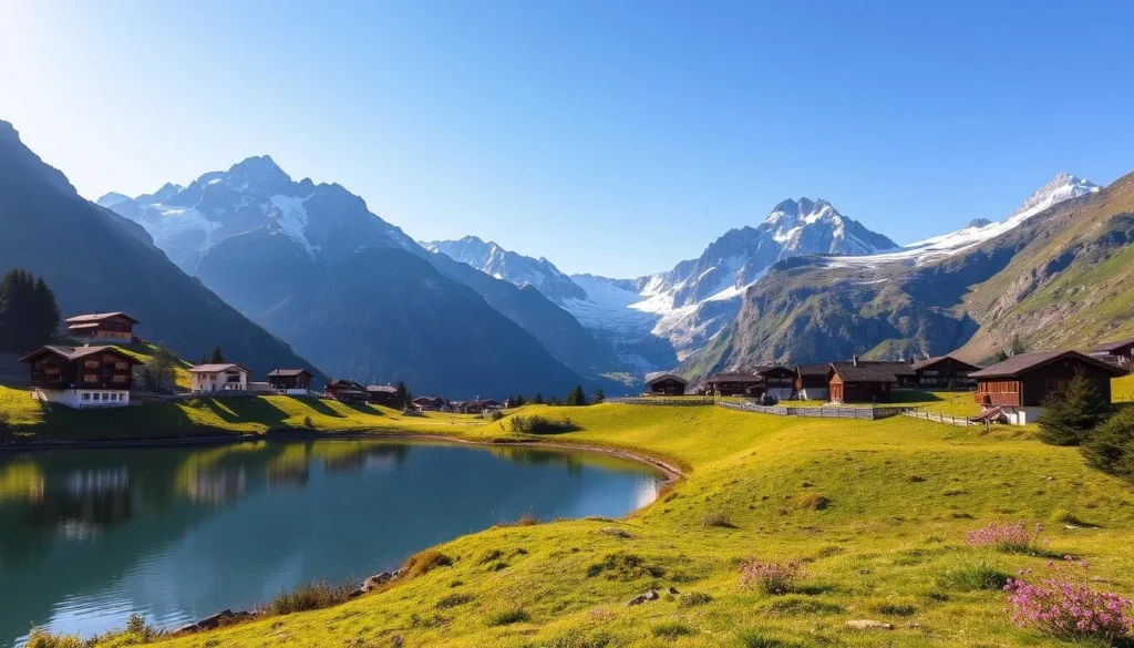 A picturesque alpine landscape in St. Moritz, Switzerland, on a sunny day. In the foreground, a pristine lake reflects the towering mountains surrounding it, their snow-capped peaks glistening in the warm sunlight. Quaint wooden chalets dot the hillsides, their traditional architecture blending seamlessly with the natural environment. The middle ground features a vibrant green meadow, dotted with colorful alpine flowers. In the distance, a network of hiking trails winds through the rugged terrain, inviting exploration. The scene is bathed in a soft, golden light, creating a serene and tranquil atmosphere, capturing the essence of this alpine paradise.