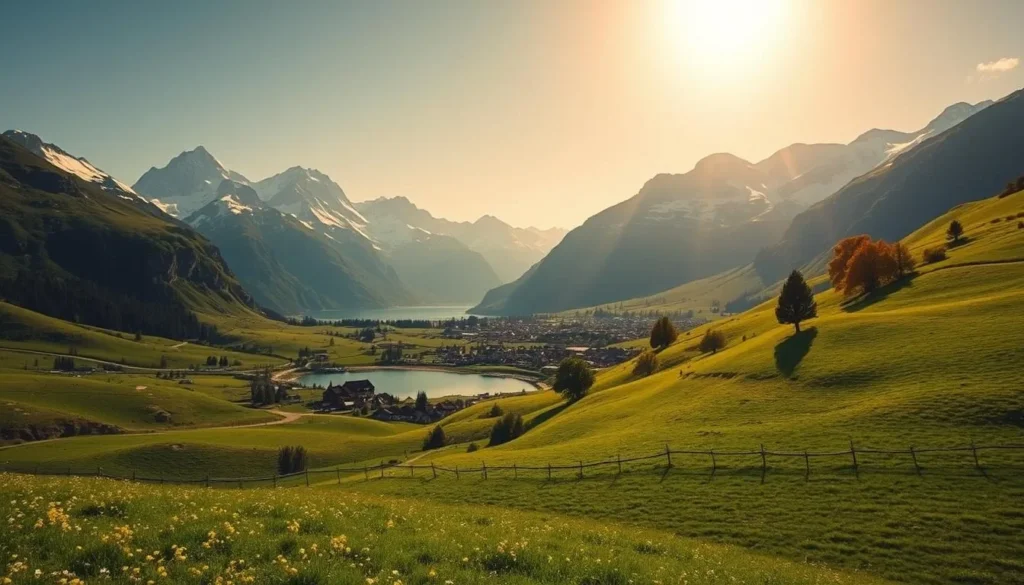 A picturesque alpine landscape in the Valais region of Switzerland. In the foreground, rolling green meadows dotted with wildflowers. In the middle ground, a quaint village nestled among towering, snow-capped peaks. The crisp, clear sky above is illuminated by warm, golden sunlight, casting a soft glow over the scene. A crystal-clear lake reflects the majestic mountains, creating a serene and tranquil atmosphere. Winding paths lead through the charming town, inviting exploration of its historic architecture and local shops. This serene and idyllic setting captures the captivating charm of the Valais region.